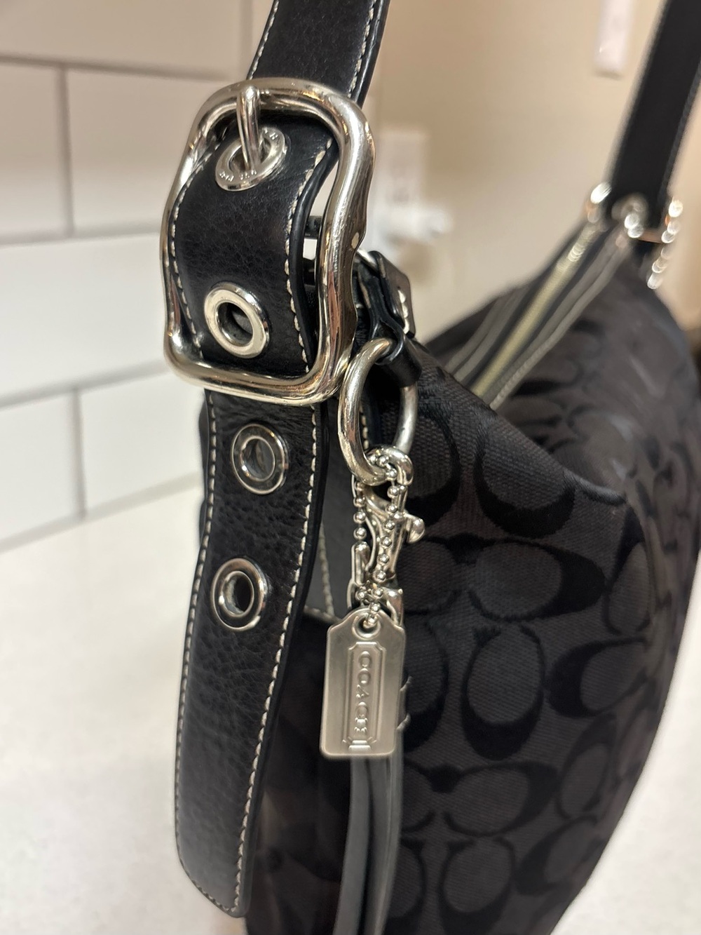 Vintage Coach Midnight Navy Signature Canvas Slim Duffle Shoulder Bag No. 9362